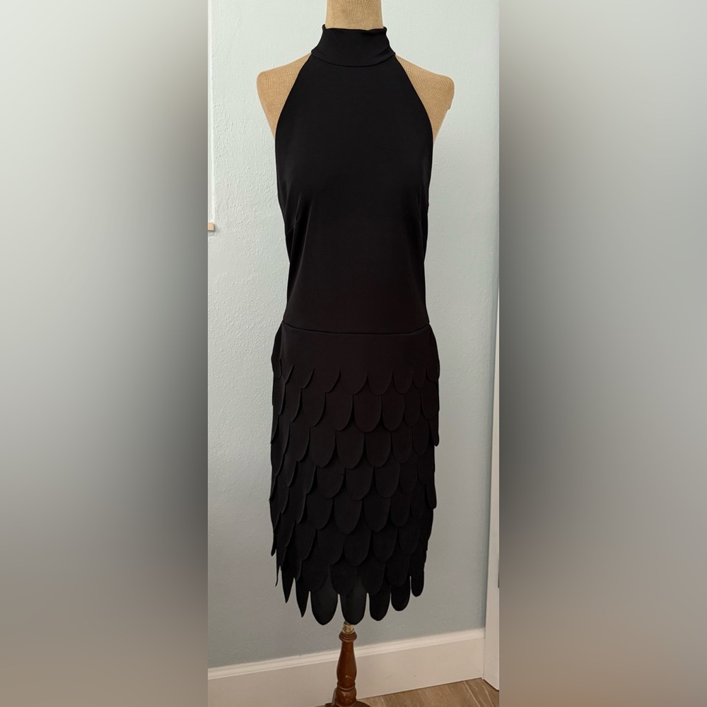 Lillie Rubin Black Halter Mock Neck Scalloped Petal Dress - New